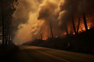 Winding Smoke land road. Big burned area turning gray pile ash and darkness. Generate AI