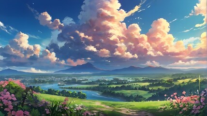 Anime fantasy wallpaper background, Mountain landscape ablaze with a fiery sunset paints the sky with streaks of orange, pink, and purple, generative ai