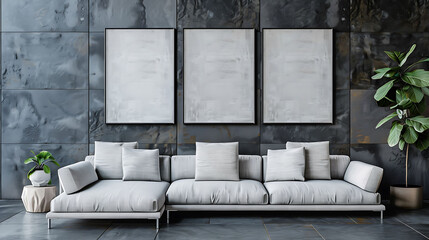 Multi mockup poster frames on metallic tile wall, near modular lounge sofa, Scandinavian style living room