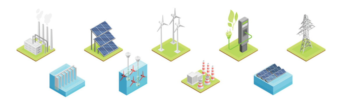 Renewable Green Energy Source Technology and Facility Vector Set
