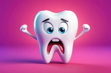 pediatric dentistry, stomatology. shocked cartoon character of white tooth on colorful background.