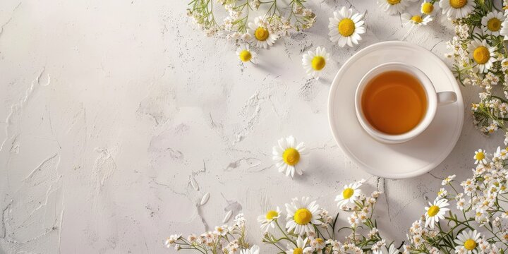 Chamomile blossoms and tea on white surface with space for text