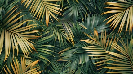 Naklejka na ściany i meble Realistic palm branches pattern, flat color background, isometric, view from top, bird eye view, professional studio shoot
