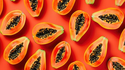 Realistic papayas apart from each other photo pattern, flat color background, isometric, view from top, bird eye view, professional studio shoot