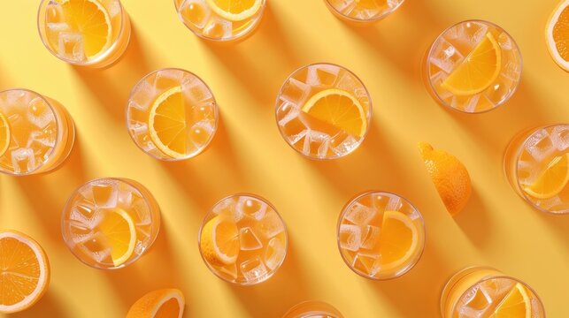 Realistic orange lemonade glasses pattern, flat color background, isometric, view from top, bird eye view, professional studio shoot