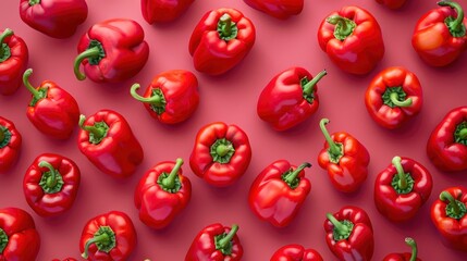 Realistic paprika apart from each other photo pattern, flat color background, isometric, view from top, bird eye view, professional studio shoot 