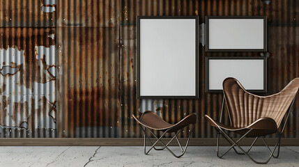 Multi mockup poster frames on corrugated metal wall, near leather butterfly chair, Scandinavian style living room