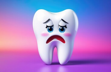 sad cartoon character of white tooth on colorful background. pediatric dentistry, stomatology.