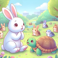 Soft pastel colors to make A cute rabbit sitting attentively, nodding to a storytelling 