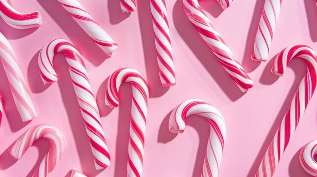 Realistic photo of candy cane pattern in shadow play style, flat color background, isometric, view from top, bird eye view, professional studio shoot