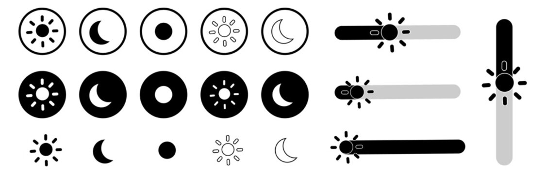 Day and night, dark and light modes. Screen modes icons set. Screen brightness and contrast level control icons. Day night switch. Vector Illustration