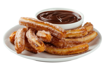 traditional Mexican churros sprinkled with cinnamon sugar and served with chocolate sauce on a white surface.