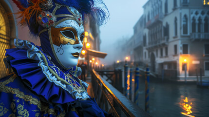 A masquerader in a striking Venetian mask standing alone on a foggy canal bridge - obrazy, fototapety, plakaty