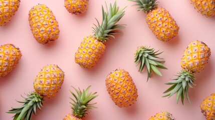 Realistic pineapples apart from each other photo pattern, flat color background, isometric, view from top, bird eye view, professional studio shoot