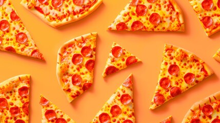 Realistic pizza slices apart from each other photo pattern, flat color background, isometric, view...