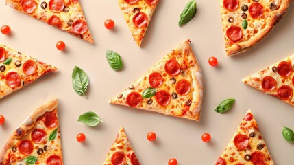 Realistic pizza slices apart from each other photo pattern, flat color background, isometric, view...
