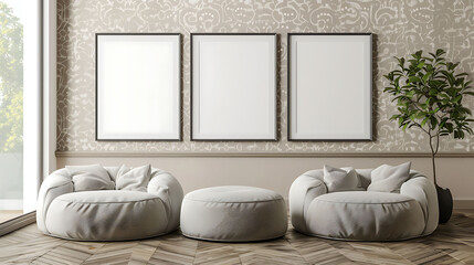 Multi mockup poster frames on patterned fabric wall, near floor poufs, Scandinavian style living room