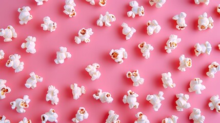 Realistic popcorns pieces apart from each other photo pattern, flat color background, isometric, view from top, bird eye view, professional studio shoot