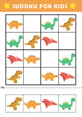 Sudoku logical reasoning activity for kids. Fun sudoku puzzle with cute dino illustration. Children educational activity worksheet. Sudoku game for children. © G.rena