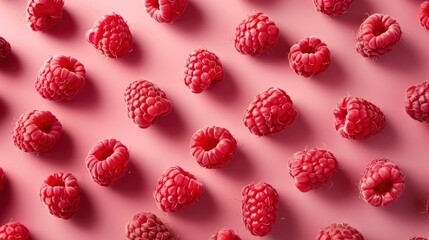 Realistic raspberries apart from each other photo pattern, flat color background, isometric, view...