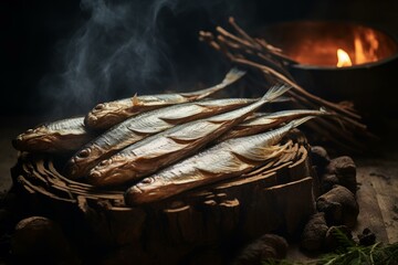 Salty Smoked mackerels. Golden fish food. Generate Ai