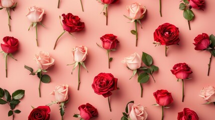 Realistic roses apart from each other photo pattern, flat color background, isometric, view from top, bird eye view, professional studio shoot