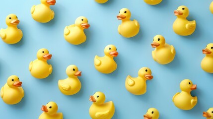 Realistic rubber ducks apart from each other photo pattern, flat color background, isometric, view from top, bird eye view, professional studio shoot 
