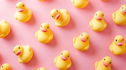 Realistic rubber ducks apart from each other photo pattern, flat color background, isometric, view from top, bird eye view, professional studio shoot