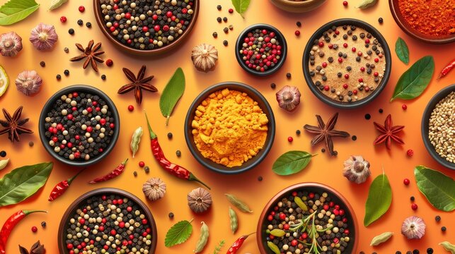Realistic seasonings apart from each other photo pattern, flat color background, isometric, view from top, bird eye view, professional studio shoot