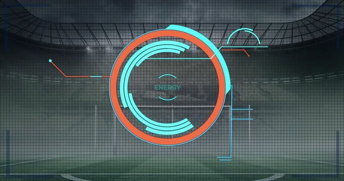 Animation of energy panel and scope scanning over stadium