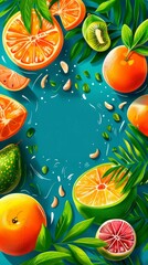 Card with illustration of fresh juicy tropical citrus fruits. Vertical image Hello summer!