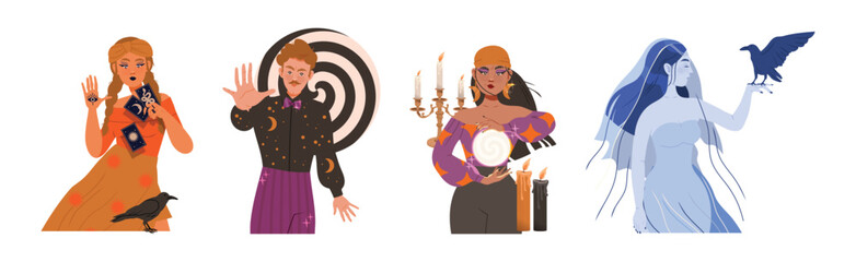 Man and Woman Character Fortune Teller with Mystical Paranormal Ability Vector Set
