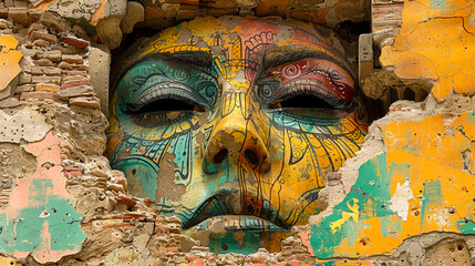 Exploring an ancient city where the ruins have been overtaken by vibrant street art turning each corner into a gallery of history and modern expression - obrazy, fototapety, plakaty