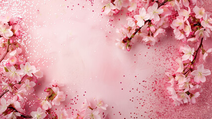 Sakura flowers with pink glitter background.