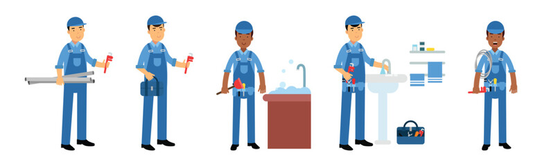 Man Plumber Character Engaged in Repair Professional Fixing Vector Set