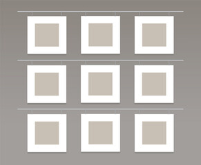 Set of 9 square photo frames. Collage of empty hanging photo cards. Vector realistic Mockup for interior design, presentations,  mood board, collages. Blank template on beige. EPS10.