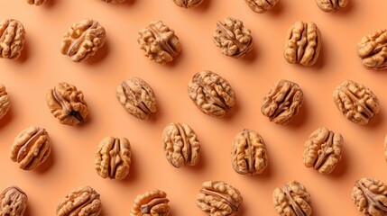 Realistic walnuts apart from each other photo pattern, flat color background, isometric, view from top, bird eye view, professional studio shoot