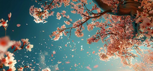 Spring Blossoms in the Sky Cherry Blossoms and Petals Falling in the Breeze Generative AI