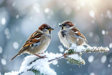 Winter Sparrows Perched on Snowy Branch