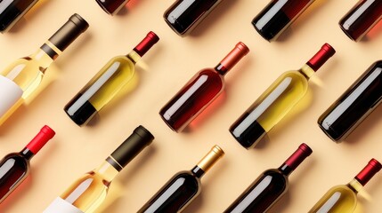 Obraz premium Realistic wine bottles apart from each other photo pattern, flat color background, isometric, view from top, bird eye view, professional studio shoot