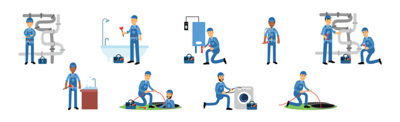 Man Plumber Character Engaged in Repair Professional Fixing Vector Set