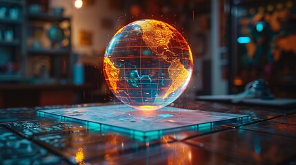 globe hologram on table and graph paper created