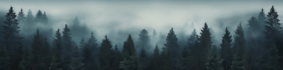 long narrow panoramic view background foggy landscape of autumn forest,  taiga, tall trees in the northern fog of autumn - obrazy, fototapety, plakaty