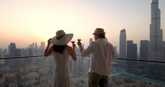A couple enjoys the beautiful sunset behind the skyline of Downtown Dubai, UAE, with a drink in their hands