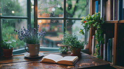 Pastel, periwinkle, and lavender, minimalist wallpaper, cafe and library aesthetic by a rainy window, some plants