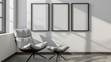 Multi mockup poster frames on a gallery style picture rail, by a modern armless chair