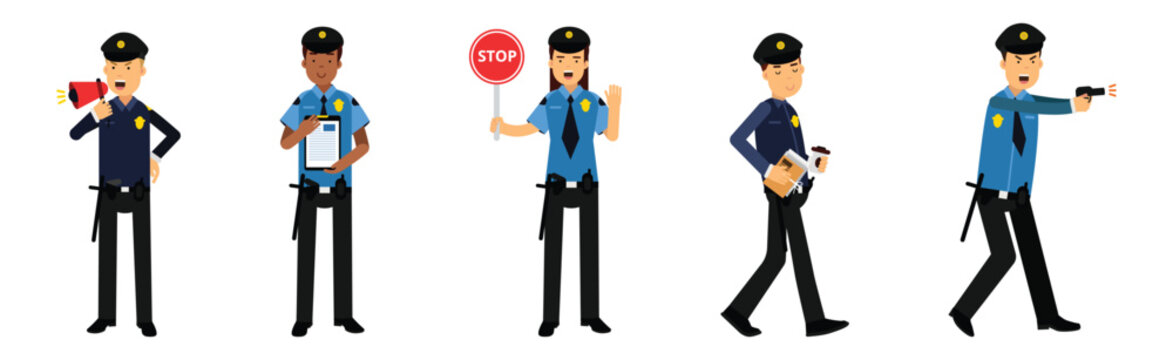 Man Police Officer Character in Uniform as Guard and Security Vector Set