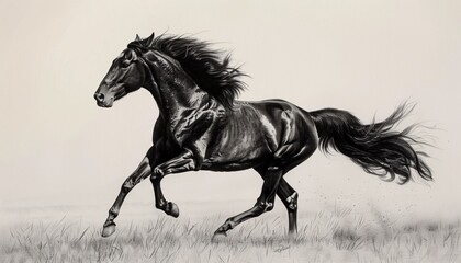 Fast-Paced Black Horse Racing Through the Grass Generative AI