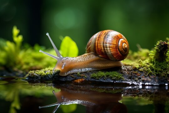 Slimy Snail on leaf. Garden slug mollusk. Generate Ai