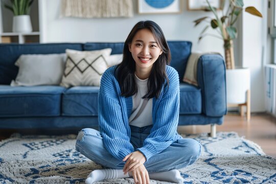 Smiling Asian Woman in Blue Sweater and Jeans, Posing for a Photo in a Modern Living Room Generative AI